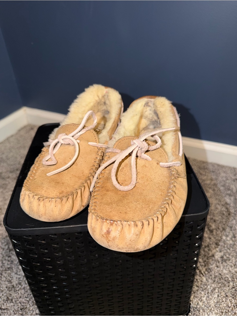 UGG Women’s Tan Suede Moccasin Slippers with Shearling